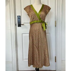 Max Studio Size M 100% Silk Chartreuse and Cherries Faux-Wrap Dress